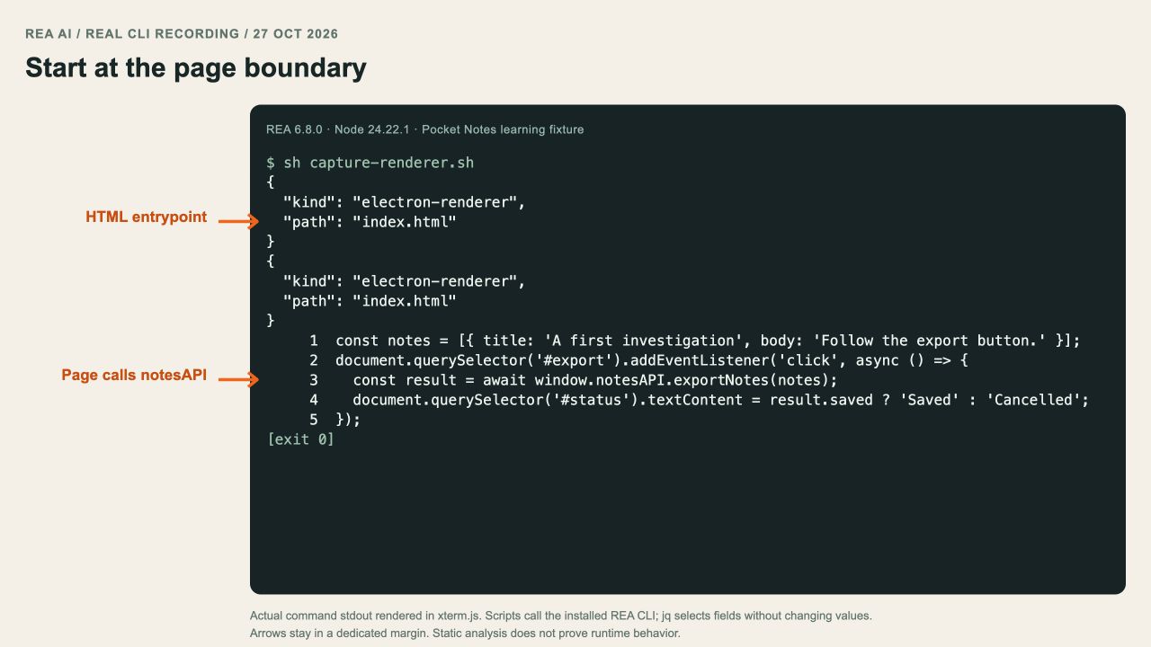 REA identifies the HTML renderer entrypoint; its source calls window.notesAPI.exportNotes.
