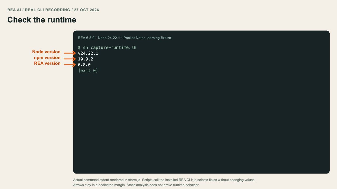 Actual Node, npm and REA version output, with arrows in the left margin.