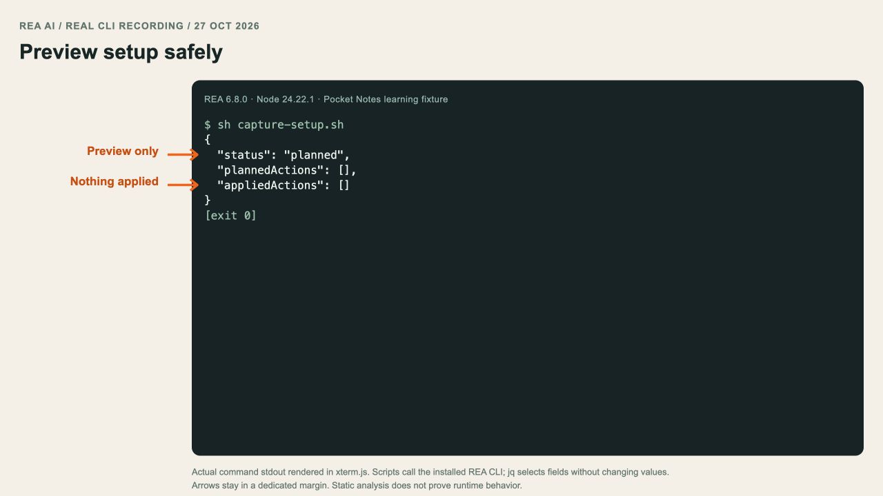 Real REA dry-run setup output showing planned status and no applied actions.