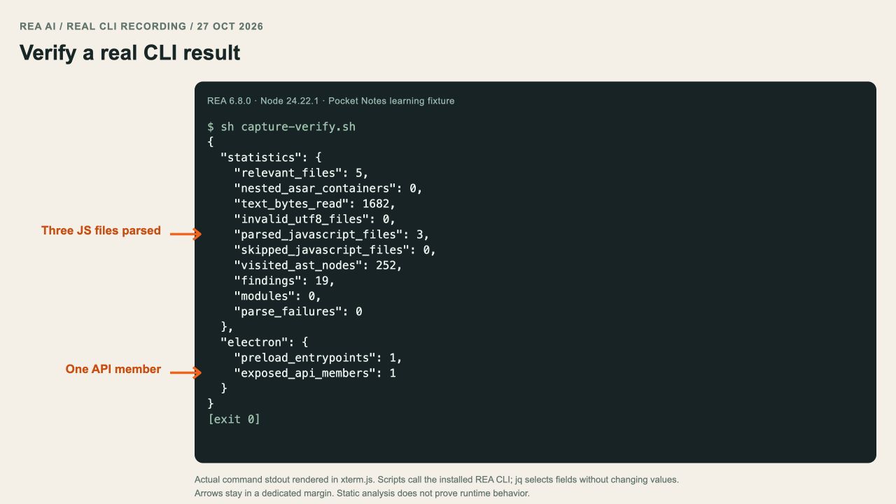 Real REA analysis reports three parsed JavaScript files and one exposed API member.